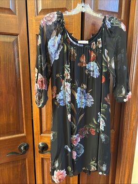 Black Floral Mini Dress Made In Italy - Blue & Pink Blooms. Size Small.